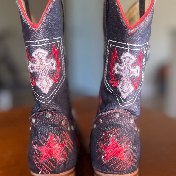 Joe Boots | Rustic Leather & Denim Cowboy Boots, Red Trim, Kid Size 11 - Picture 8 of 10